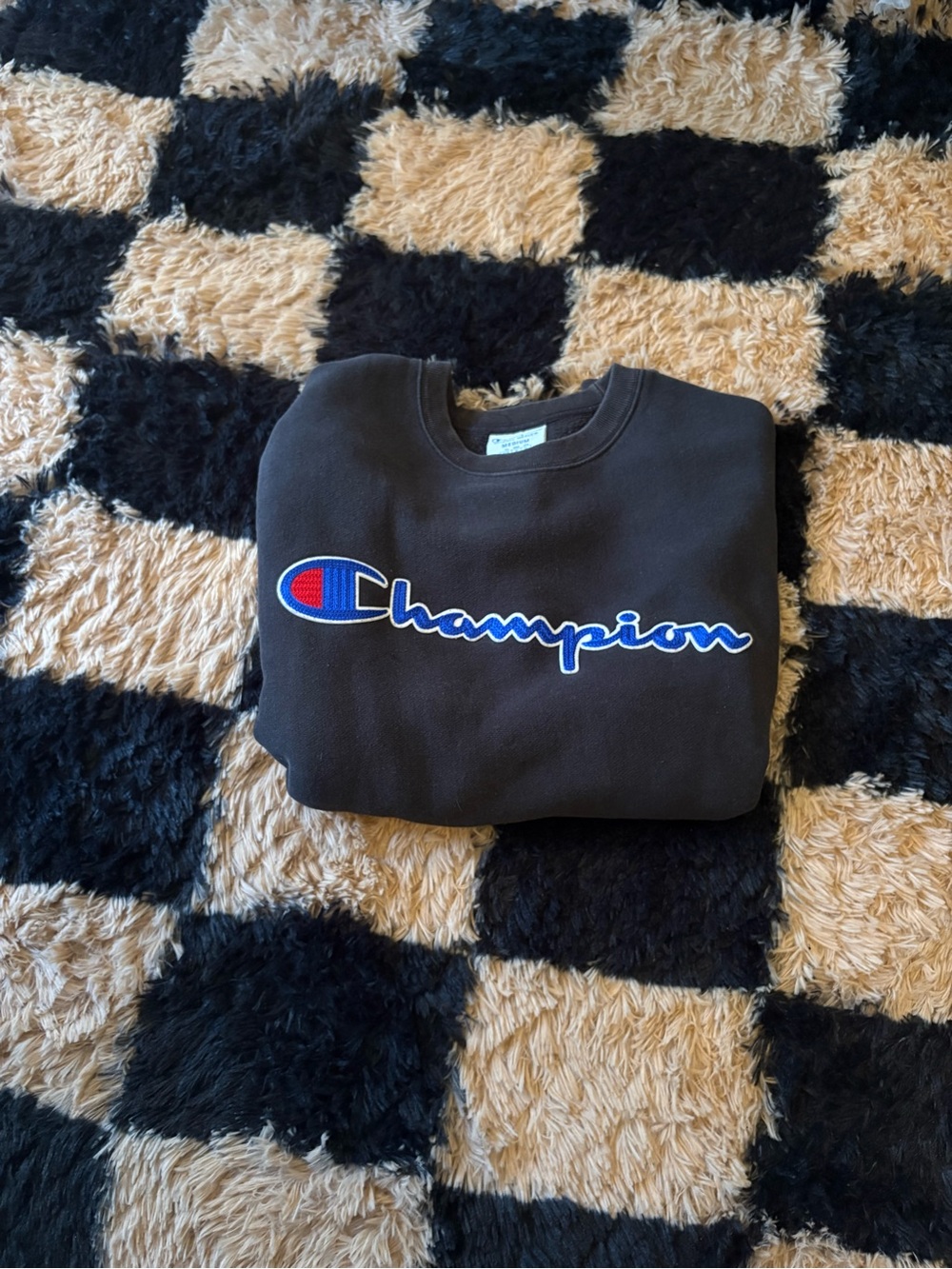 Champion Black Crewneck with Blue & Red Script Logo